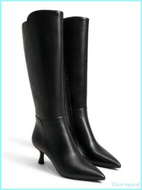 Coutgo Womens Knee High Boots Kitten Heel Pointed Toe Side Zip Dress Tall Boots